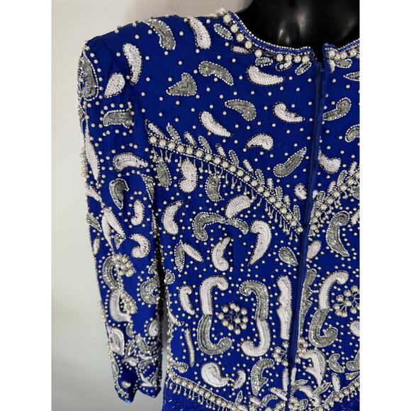 Vintage Silk Cocktail Dress Blue Sequin Beaded Avant Garde - Scala Size Med/Lrg - Picture 16 of 16